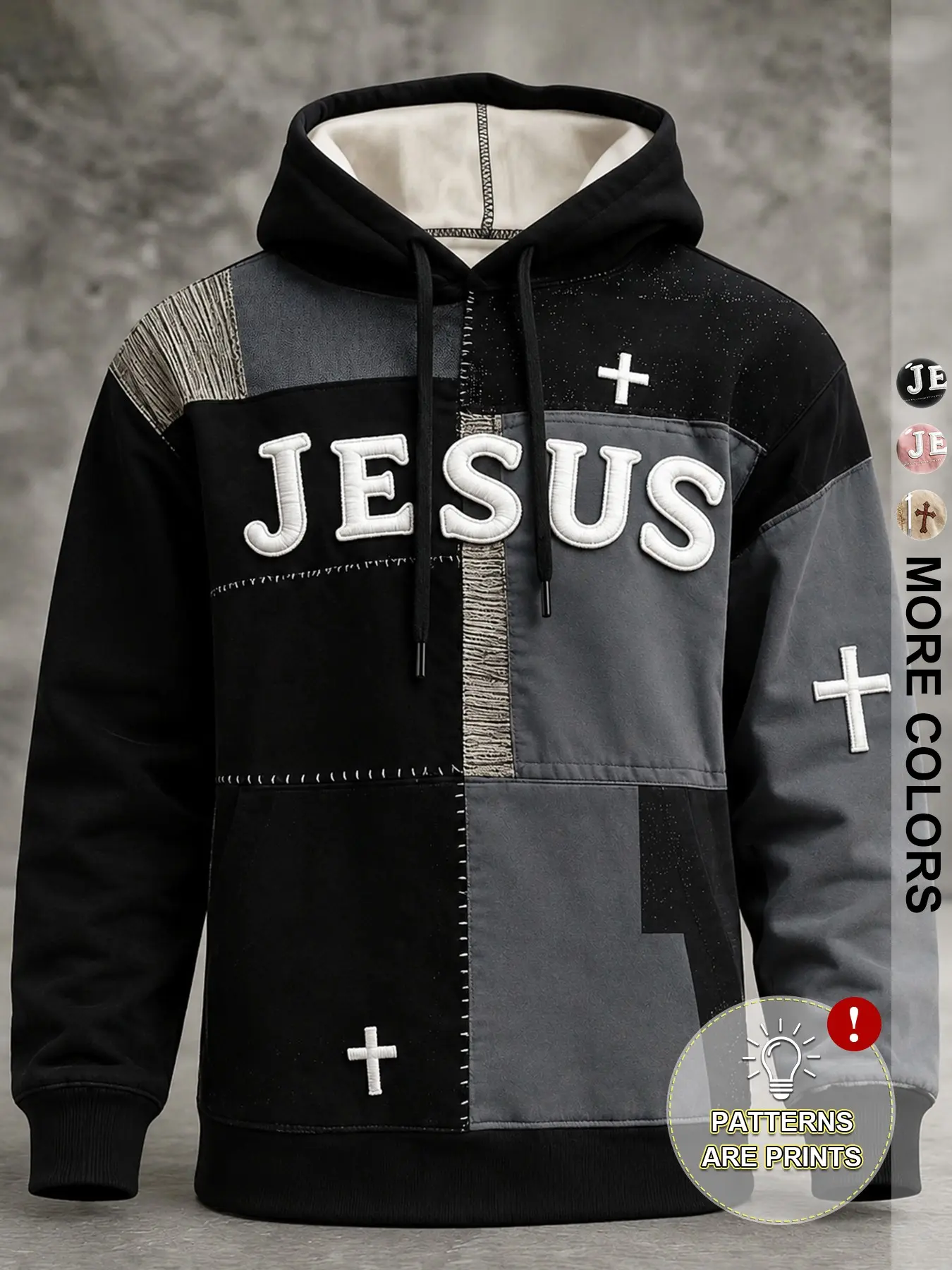 Men's Vintage Patchwork Hoodie, Jesus Cross Print, Drawstring Hooded Fleece Lined, Ribbed Sleeve Hem, Loose Fit, Fall Winter Streetwear