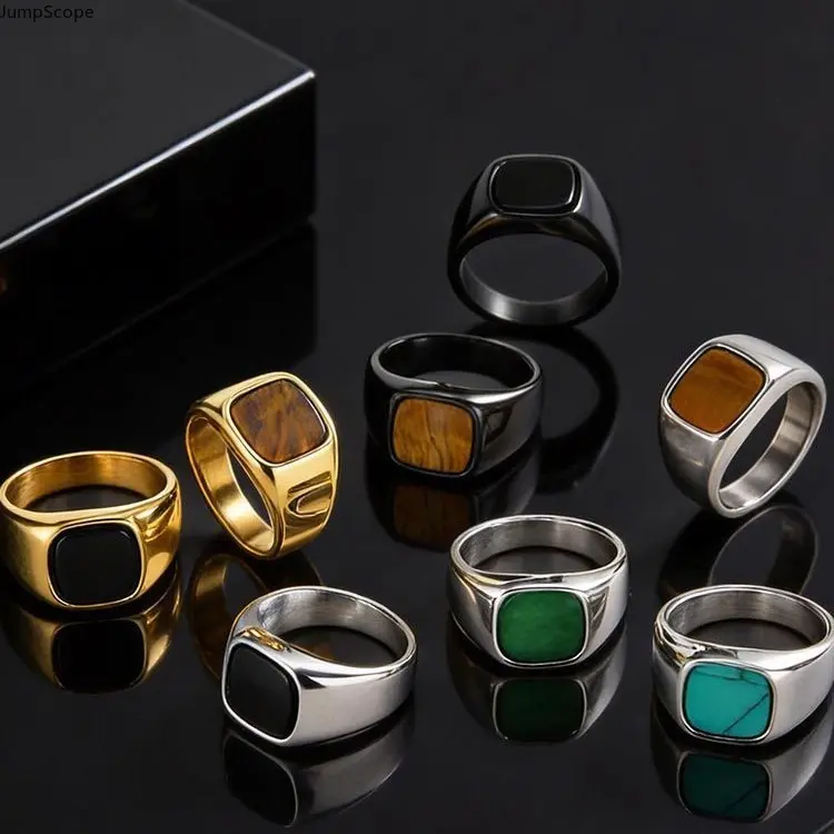 Men's-Women's Multi-Tone Stainless Steel Square Stone Signet Ring - Thick Band, Wide Fit, Bezel-Set Tiger Eye Turquoise Onyx, Minimalist Daily Wear Leisure Gift