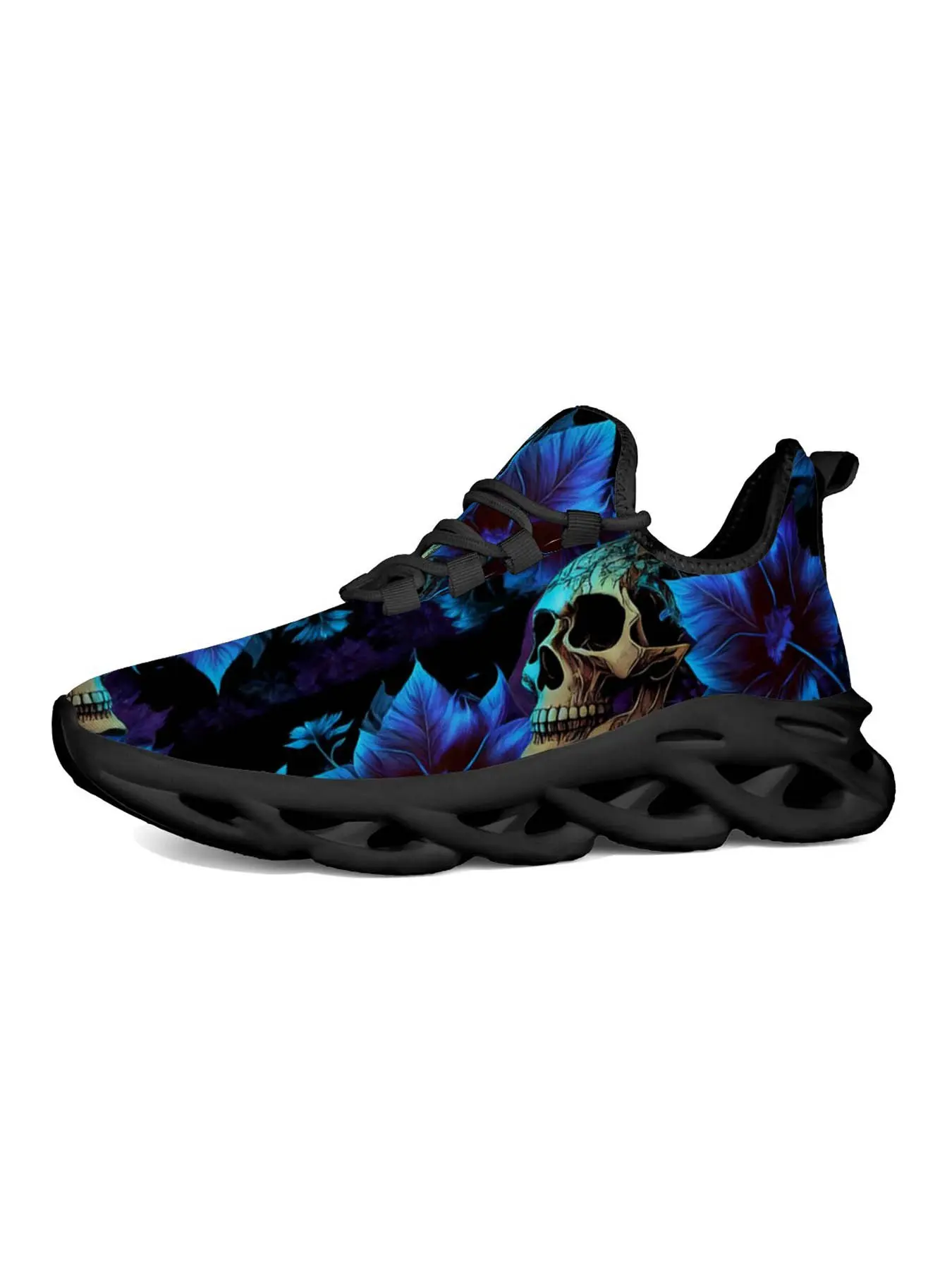 Men's Dark Skull Print Casual Running Shoes, Gothic Cyberpunk Style, Gradient Blue, Hollow Out Cushioned Sole, Streetwear Essential