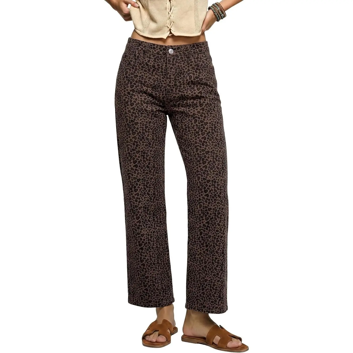 Wide Leg Jeans Woman Trendy High Waisted Leopard Cheetah Print Ankle Length Stretchy Denim Pants with Pockets
