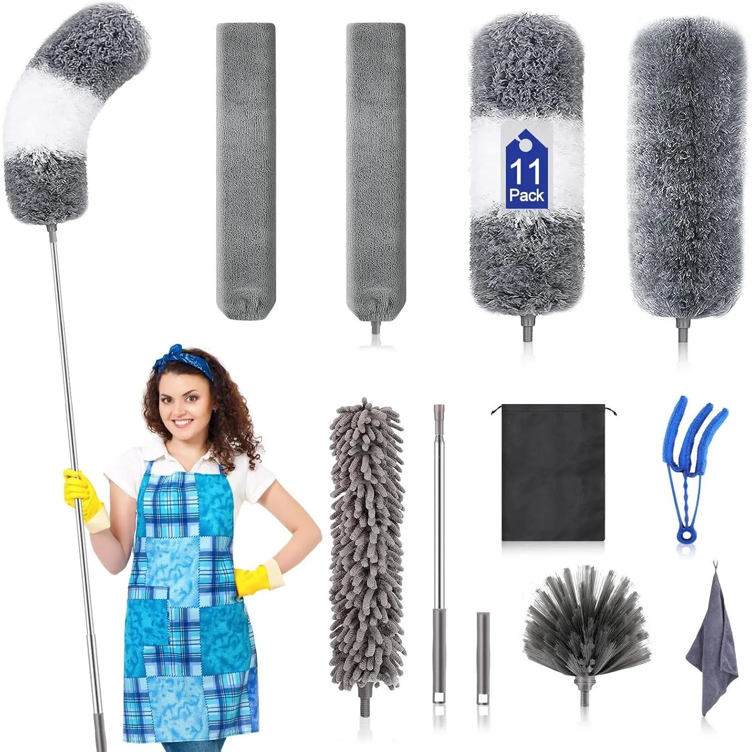 11PCS Washable Microfiber Duster Kit with 30-100in Extension Pole, Reusable Cleaning Dusters for Cleaning Ceilings, Fans and Furniture