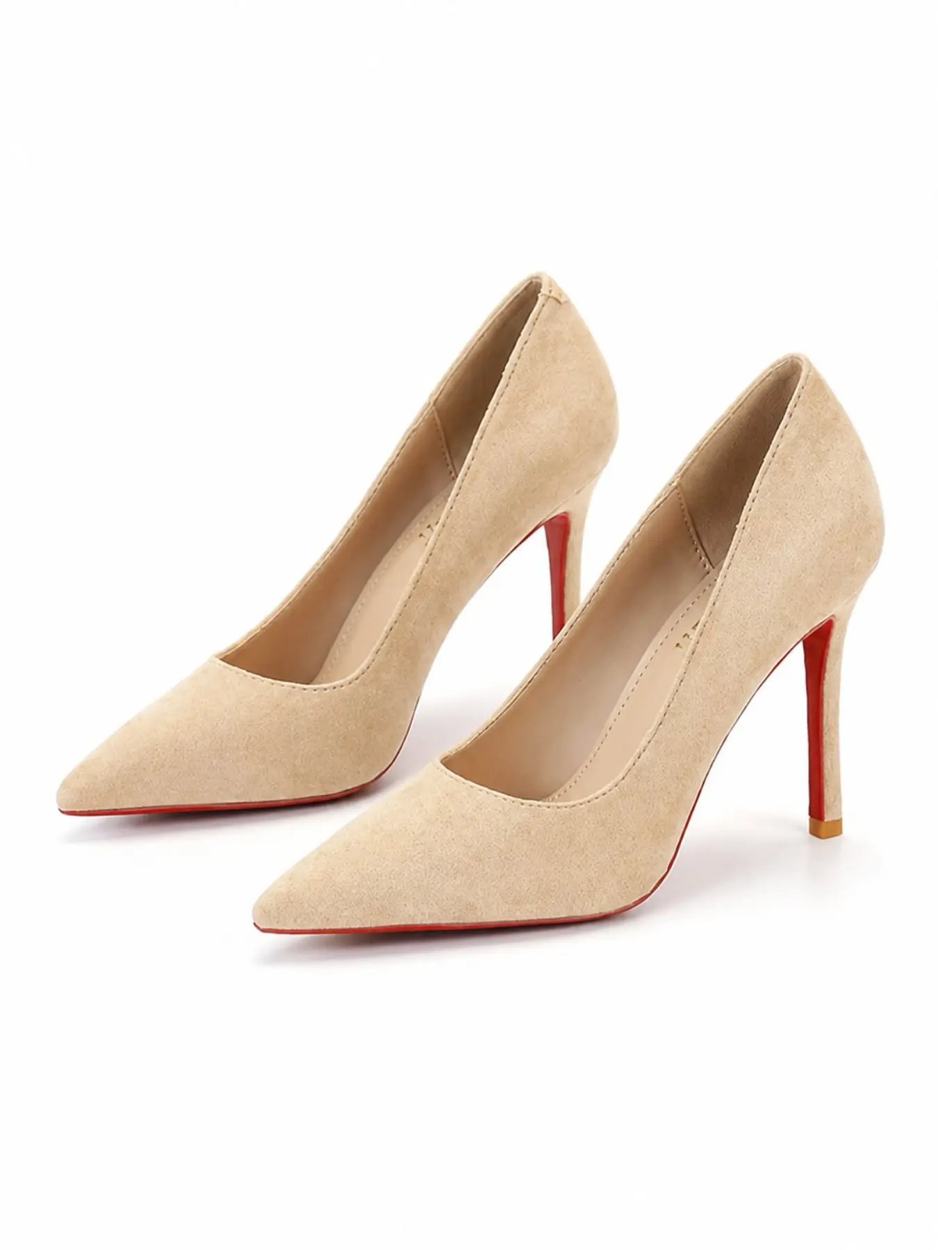 Women's Khaki Suede Pointed-Toe Low-Cut Stiletto Heels, Red Sole Slip-On Dress Shoes for Dates, Banquets & Weddings. Elegant Bridesmaid Footwear Pairs Perfectly with Gowns, Dresses, Skirts, and Tailored Suits.