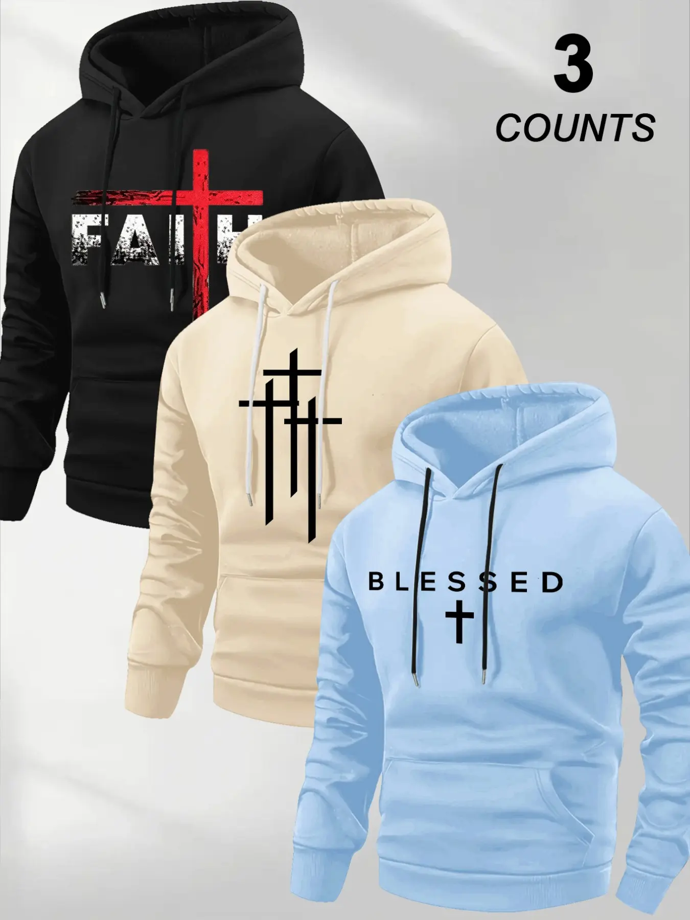 Men's Faith Cross Print Hoodie Set, Casual Drawstring Sweatshirt, Long Sleeve, Fall & Winter, Streetwear & Daily Wear