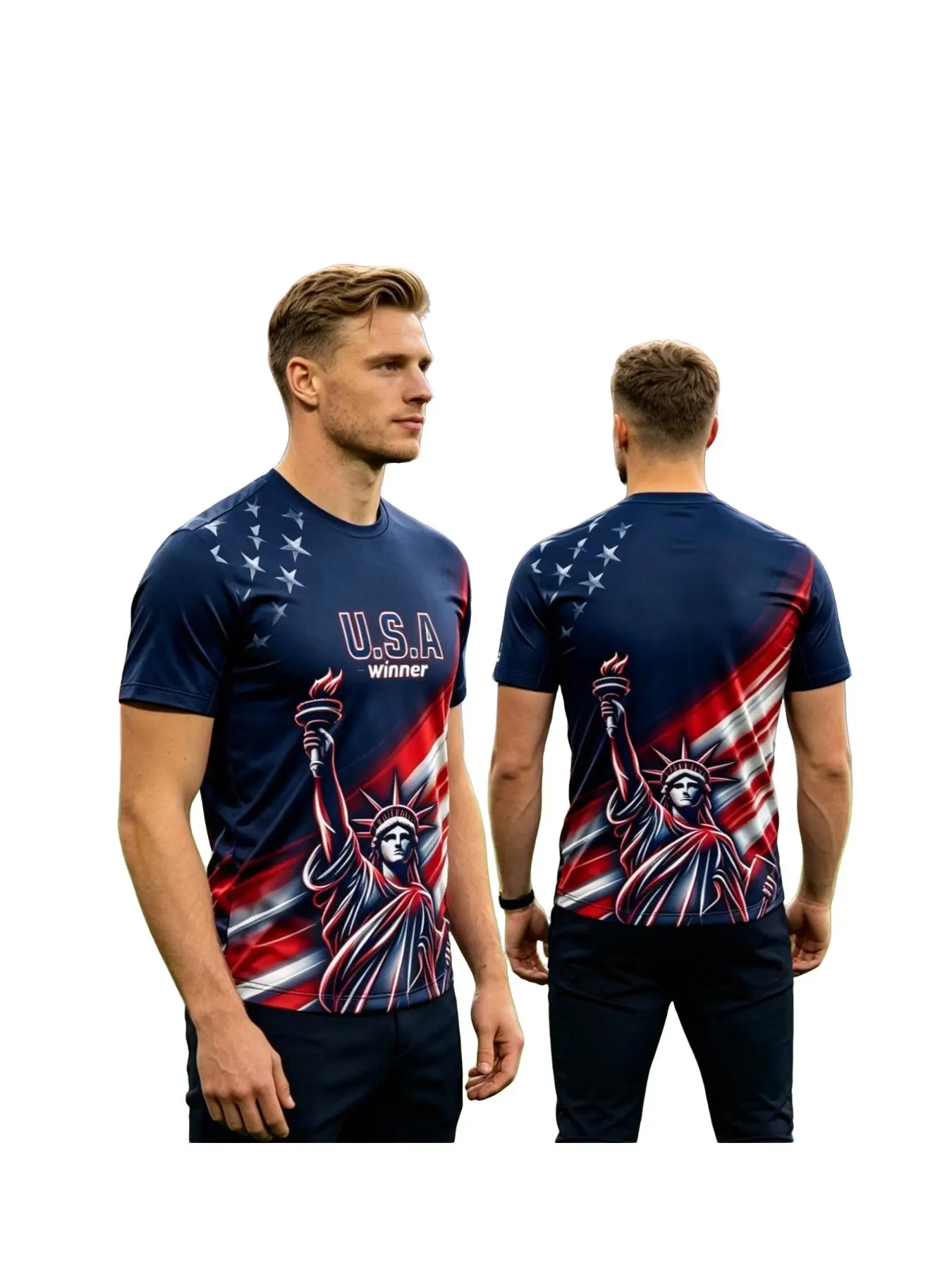 Liberty Statue Print Summer Football Training Usa Flag Men's Breathable T-Shirt, Casual Loose-Fit Long Sleeve Top, All-Season Wear