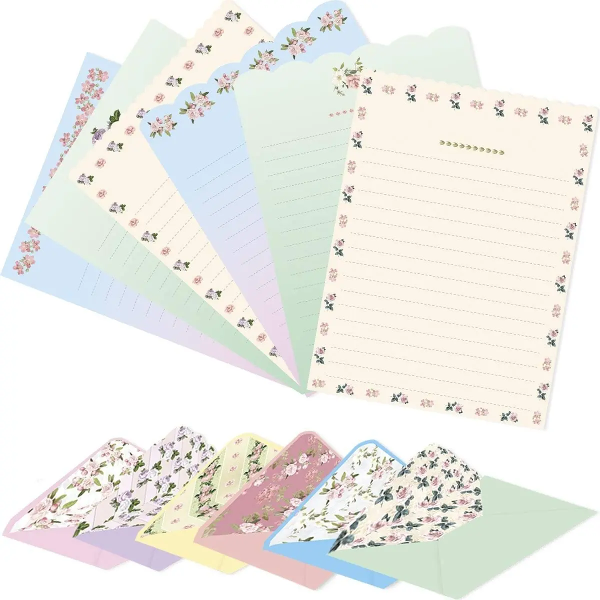 Floral Stationery Set - 48 PCS Cute Lined Writing Paper (7.1x5.2 in) & 24 Double-Sided Envelopes for Invites, Letters & More