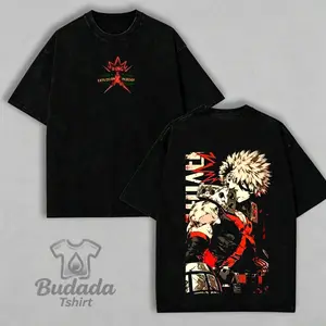 Vintage Acid Wash My Hero Academia Katsuki Bakugou Double Sided Print Oversized Cotton Short Sleeve Tshirt Funny T-shirt for Men Anime Fan Gift Retro Streetwear