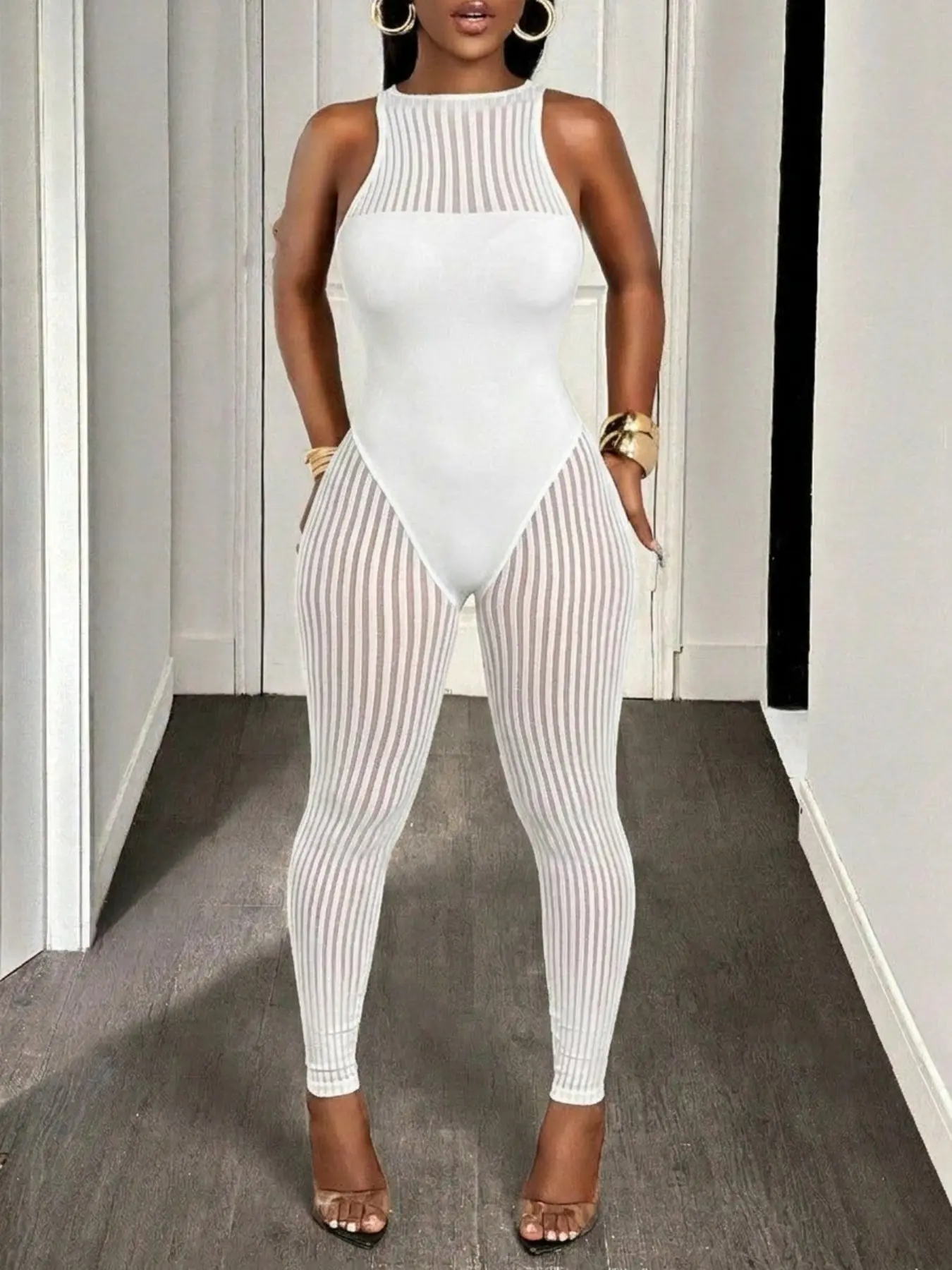 Viral White Vertical Ribbed Sleeveless Catsuit for Curvy Baddies, High Cut Tank See Through Full Body Jumpsuit, Stretch Figure Hugging Sheer Striped Bodystocking, Night Out Club Bar Party Going Out Sexy Bodycon One Piece Outfit