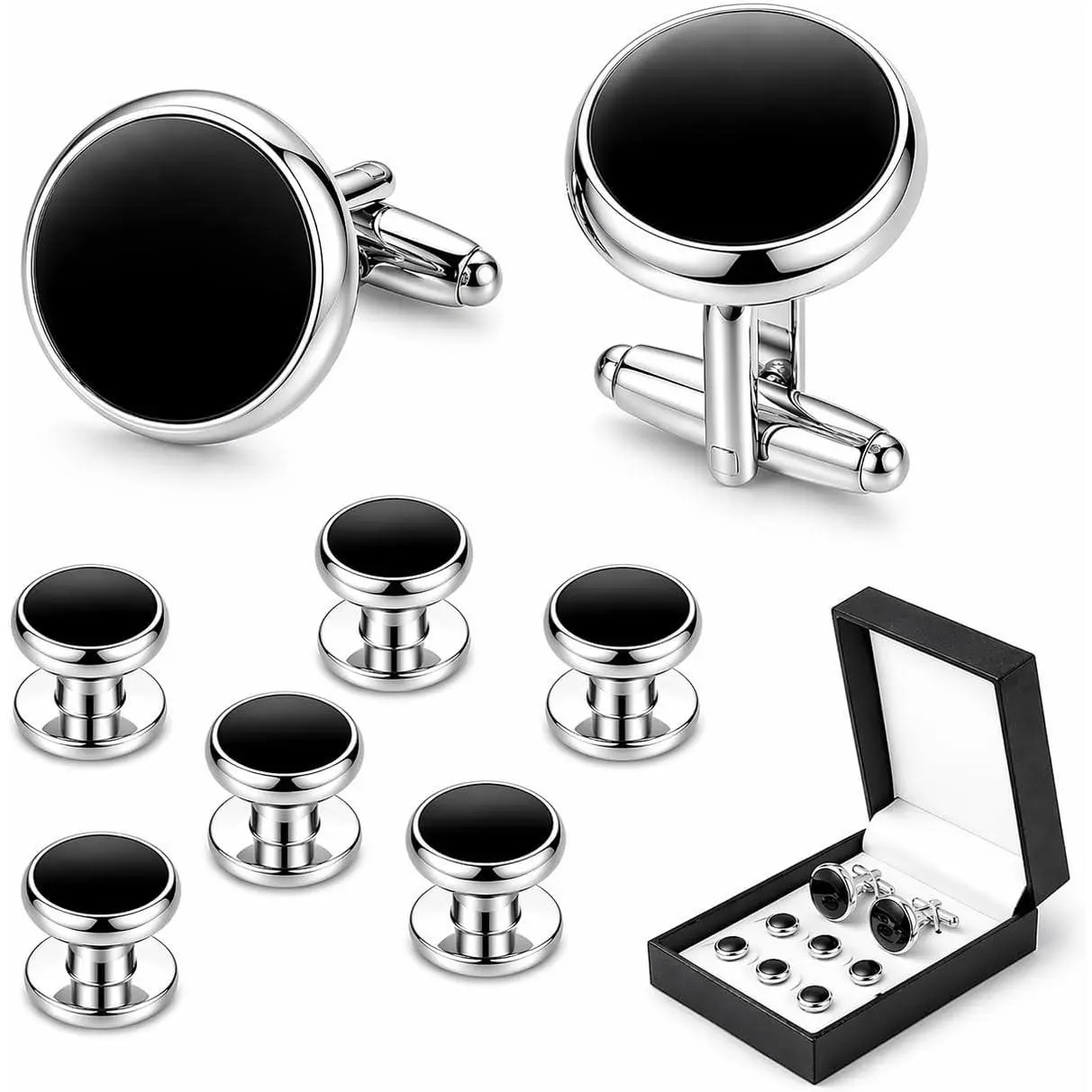 Men's Cufflinks & Tuxedo Studs Set - 316L Stainless Steel Formal Wedding Jewelry, Groomsmen Gift Set with Gift Box