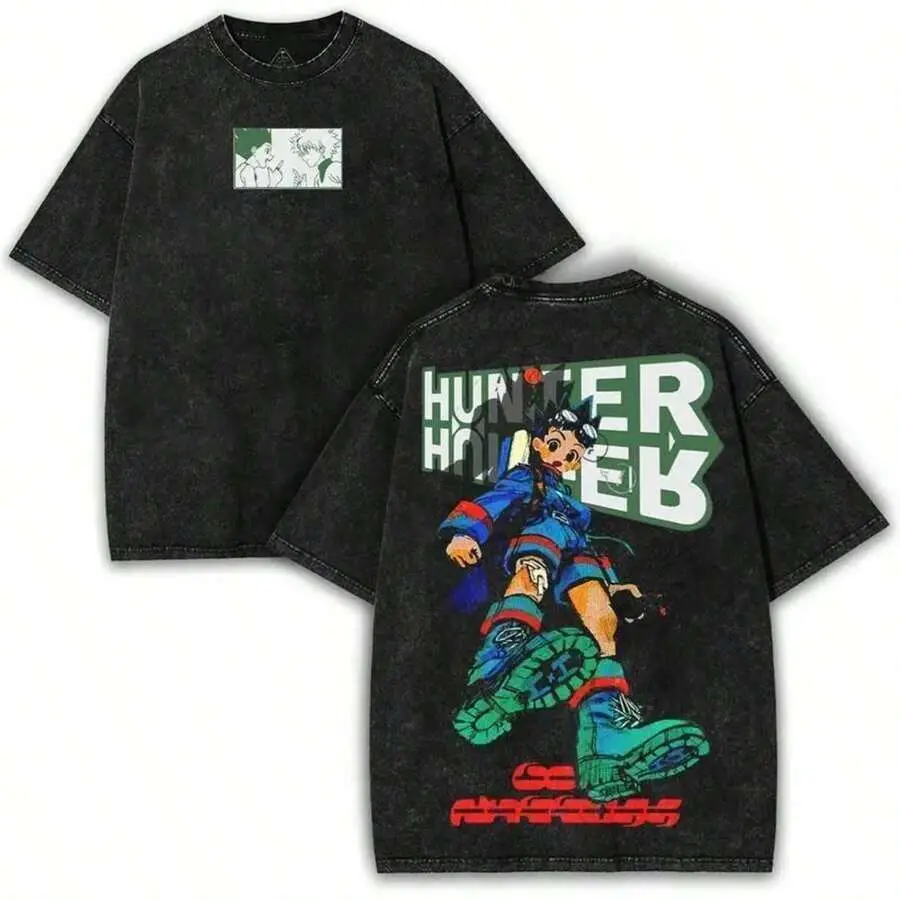 Hunter X Hunter Gon Freecss Double Sided Graphic Vintage Washed Black T-Shirt Unisex Oversized Short Sleeve Tee Anime Manga Streetwear Cotton Top For Men Women Killua Front Print