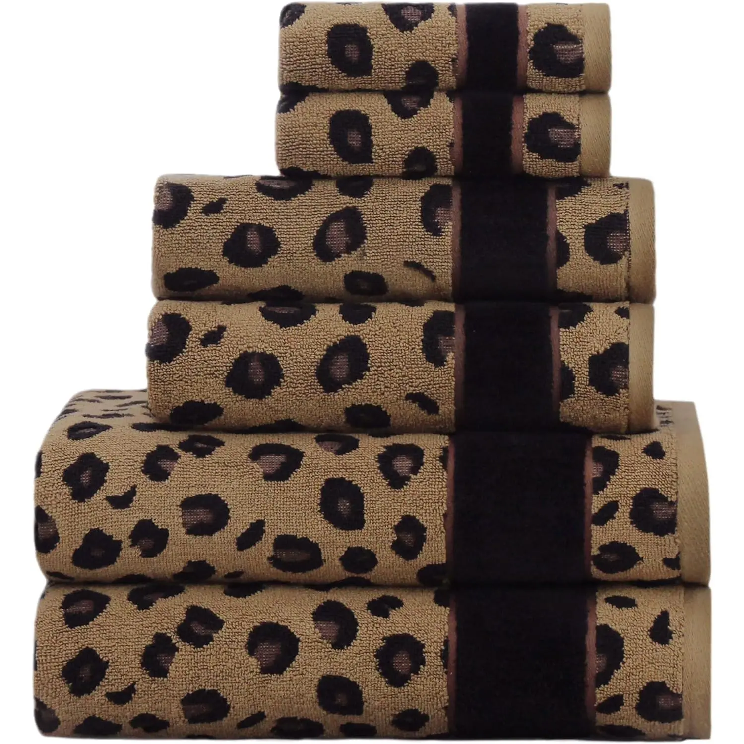 6 Piece Towel Set - Animal Print Leopard Cheetah Africa Safari 100% Cotton Jacquard 2 Bath Towel, 2 Hand Towel, 2 Washcloth Soft Absorbent Luxury Decorative Guest Towel Bathroom Towel Set