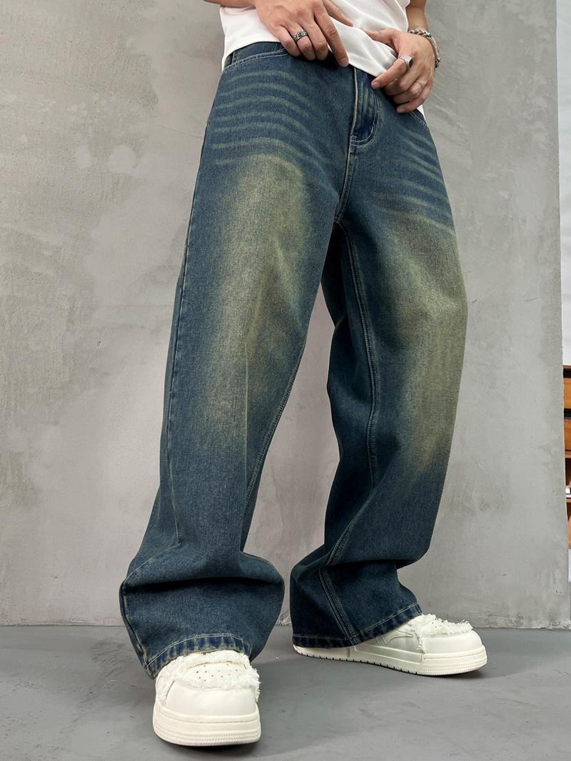 Men's Vintage Wide  Leg Jeans, Loose Casual Comfy Denim Pants for Daily Wear, Woven Bottoms for All Seasons, Denim Streetwear