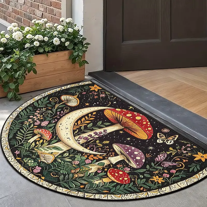 Bohemian Fantasy Forest Half-Circle Entry Door Mat, Artistic Vintage Floral Mushroom Pattern, Easy Clean Washable Rug, Indoor Outdoor Use, Boho Washable Rugs