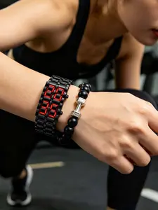 Two-Piece Set Molten LED Steel Band Electronic Watch + Dumbbell Bead Bracelet, Fitness Style Unisex Trendy Mech Night Glow Watch