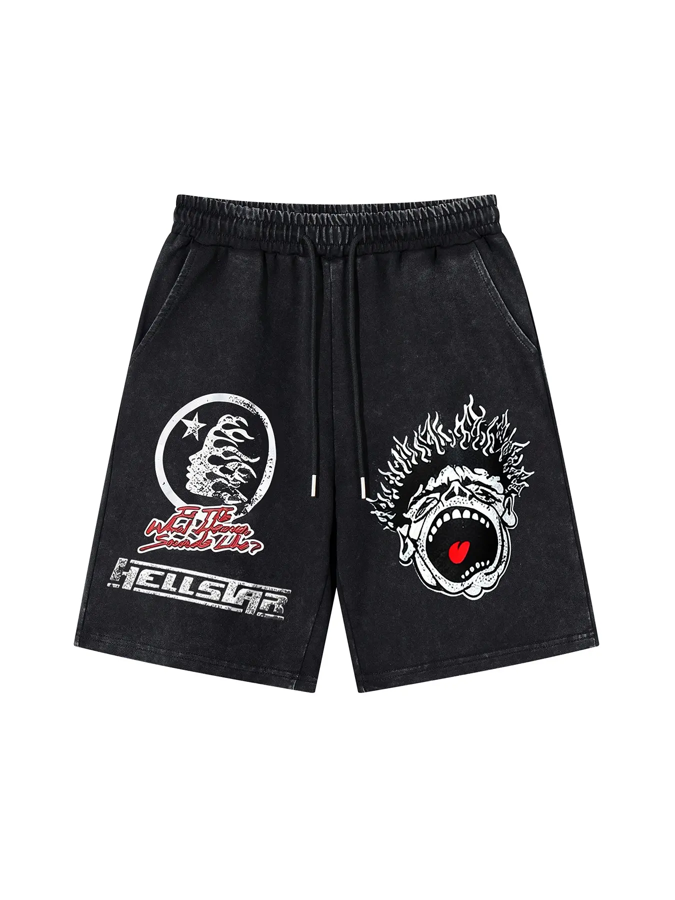 Men's Summer Daily Casual Shorts, Graphic Loose Shorts, Vintage Streetwear, Tie-Dye Cartoon Faces, Explosive Hair, Flame Stars Print, Fashionable Casual Sports Pants
