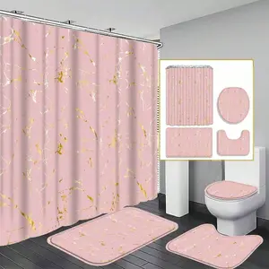 Pink Gold Marble Bathroom Set: 4-Piece Shower Curtain Set For A Luxurious Bathroom Style, 4 Shower Curtains With Shower Curtain And Rug, Polyester Machine Washable For Bathroom Or Shower Décor, Equipped With 12 Hooks, Non-Slip Bathroom Mat, u-shaped