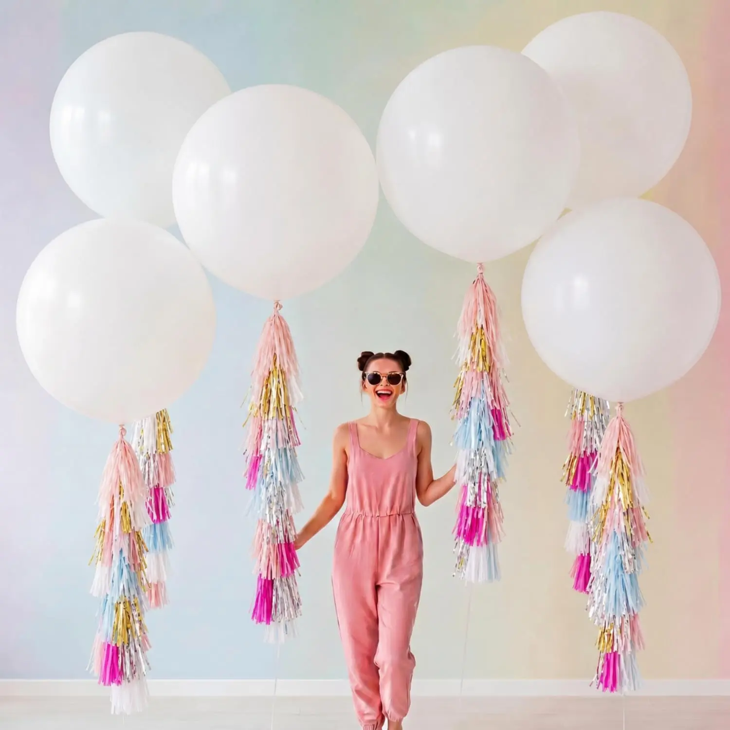 6 Set 36 Inch Giant Balloons with Tissue Paper Tassel Tails, Jumbo Latex Balloon Kit with Fishing Line for Birthday, Baby Shower, Gender Reveal, Wedding Decoration(White,Round)