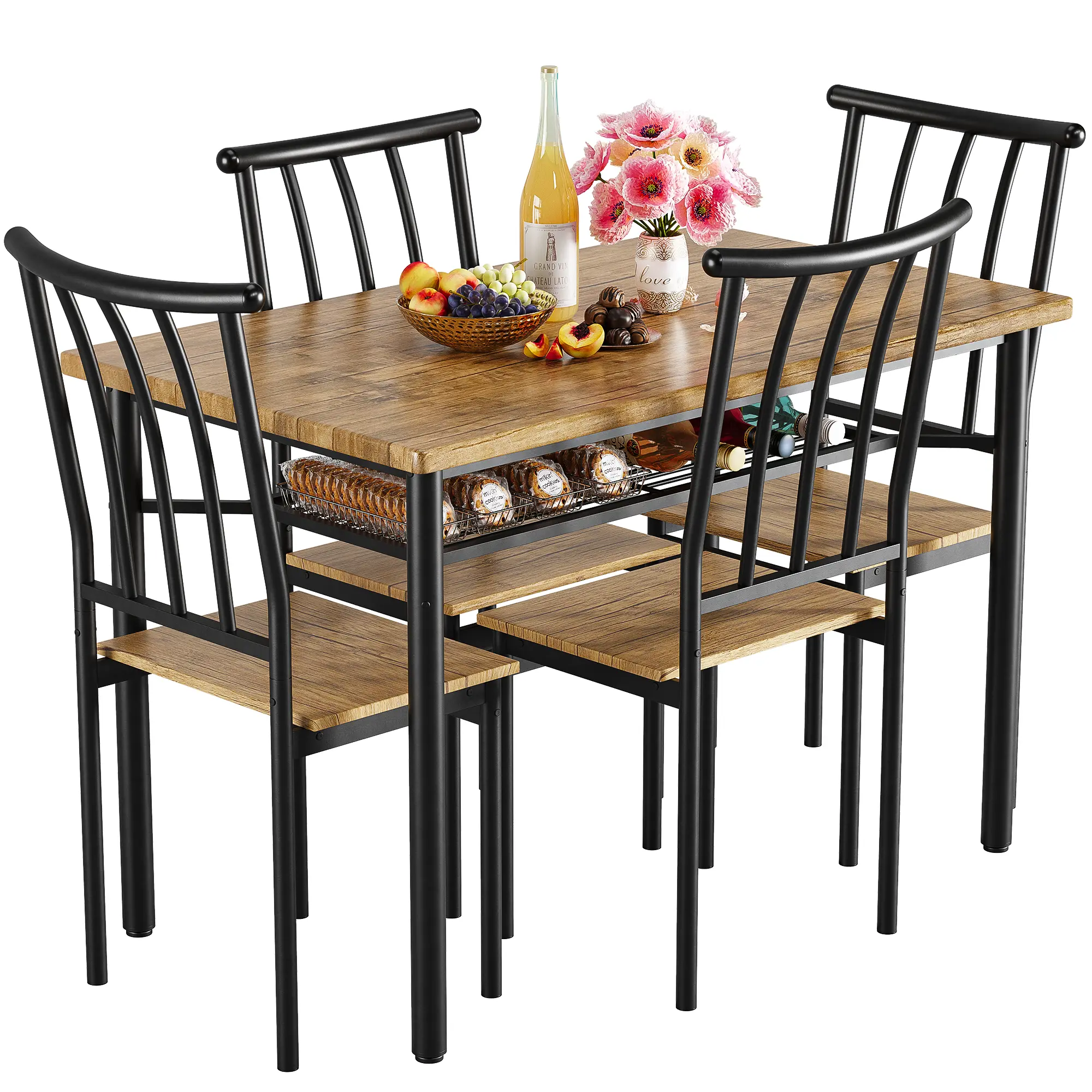 5 Piece Dining Set with Storage Shelf, Metal and Wood Kitchen Table for 4, Compact Breakfast Nook Furniture with Chairs, Space Saving for Living Room
