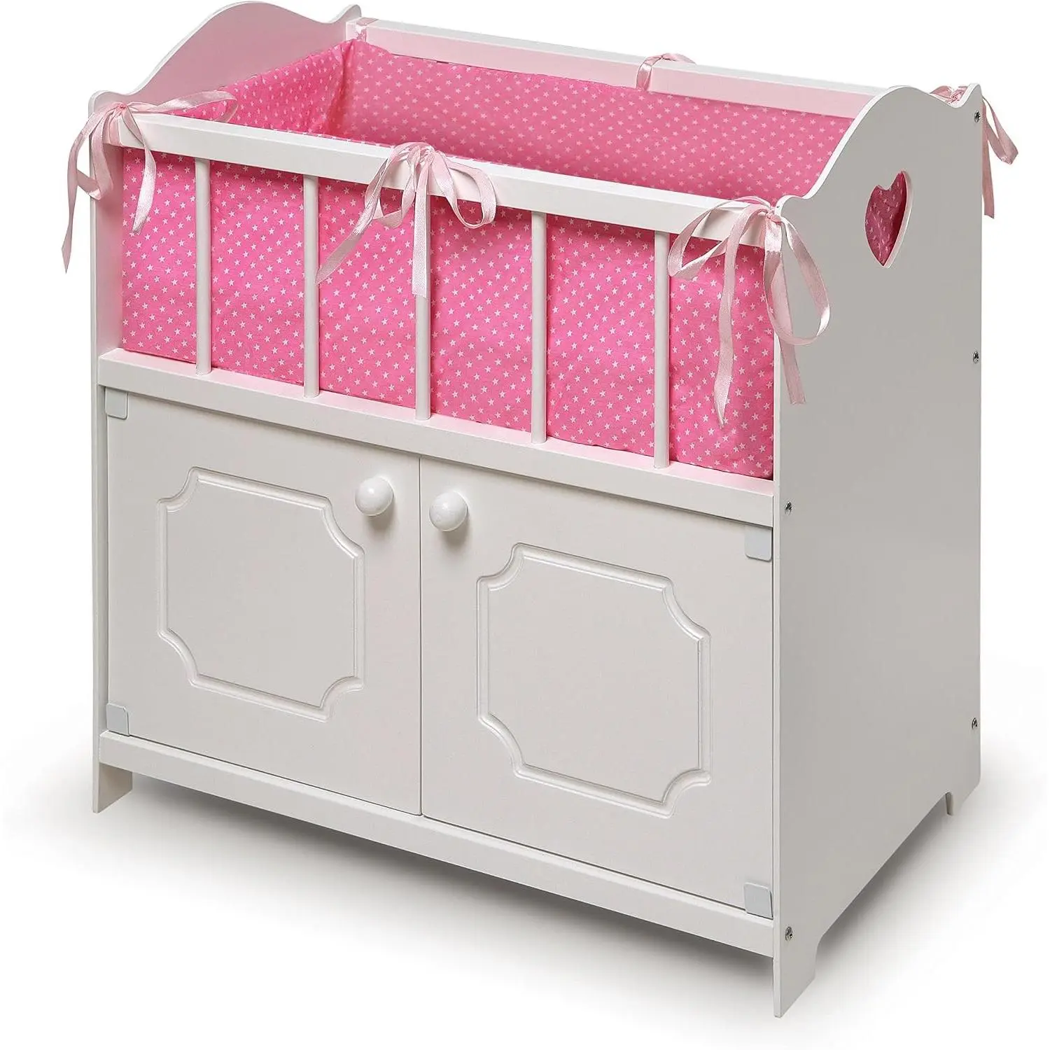Wooden Baby Doll Crib with Bedding and Storage - Wooden Bed with Blanket, Pillow, and Personalization Kit - Ideal for Baby Dolls and Girl Dolls Ages 3+ - White