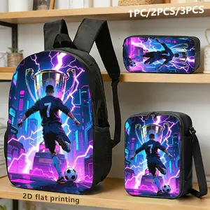 1PC/2PCS/3PCS cool e-sports style football-themed shoulder bags, shoulder bags and storage bags, showing players' kicking moments and neon lightning backgrounds, suitable for trend enthusiasts' daily commuting or sports scenes