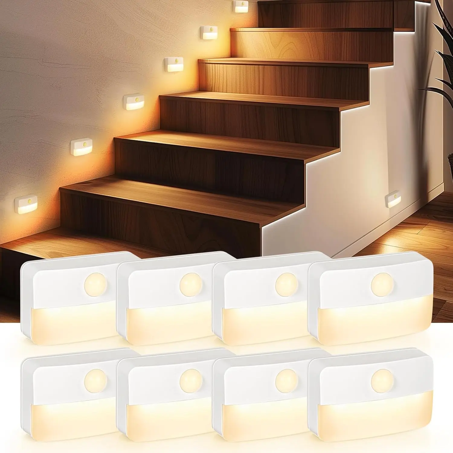 8 Pack Motion Sensor Stair Light Indoor, Battery Operated Night Lights| Automatic, Wireless, Stick on Anywhere Portable LED Lamp for Step Toilet Hallway Bedroom Under Cabinet Closet Wall Kitchen﻿