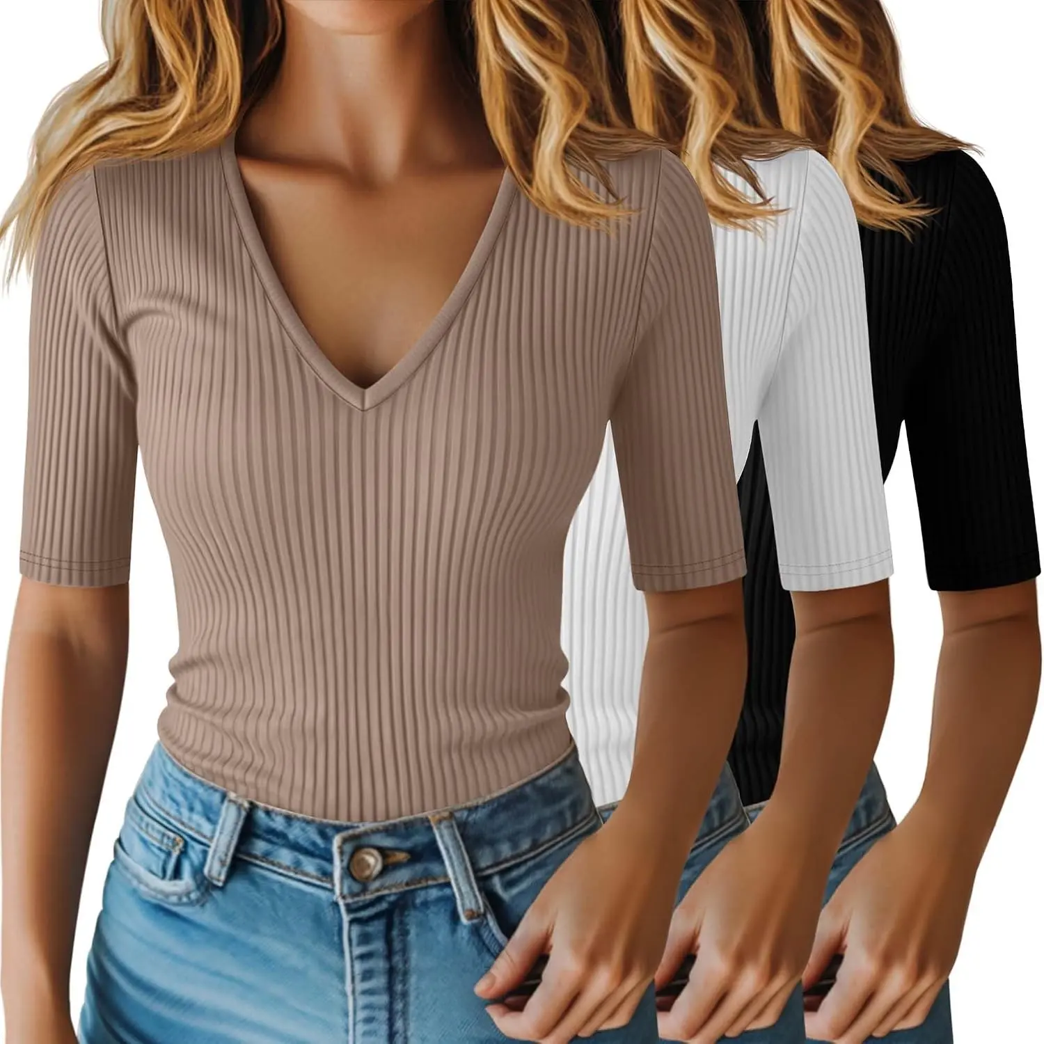 Women's 3-Pack Basic Ribbed Cotton-Spandex V-Neck Half-Sleeve Elbow-Length Breathable Slim-Fit Summer Blouses, Formal Casual Tees, Shortsleeve