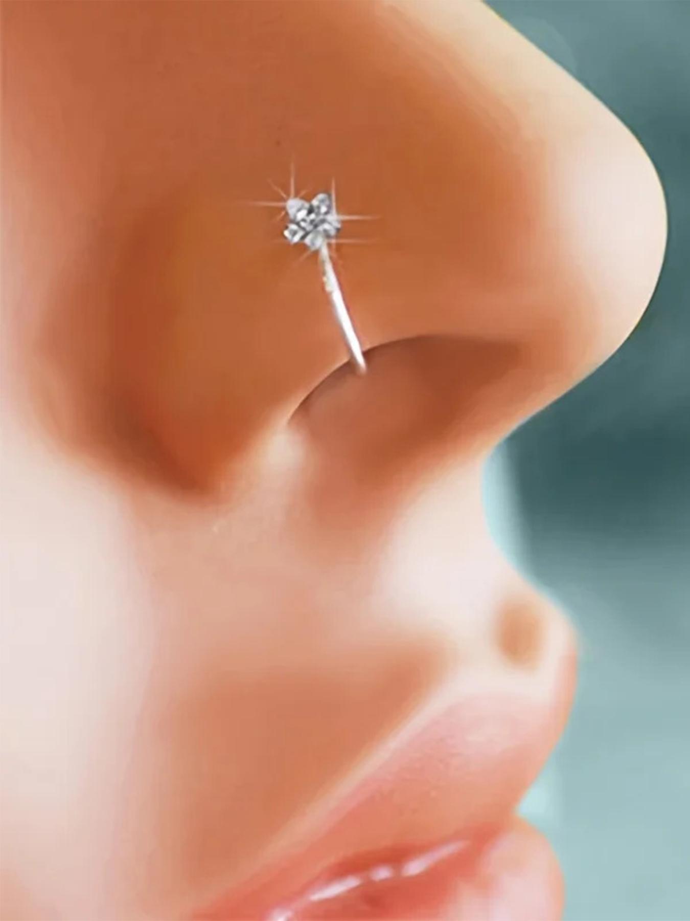 Women's Elegant Rhinestone Decor Nose Ring, Simple Trendy Flower Design Nose Piercing Jewelry, Fashionable Daily Wear Body Jewelry for Women & Girls, Rhinestone Nose Studs For Girls
