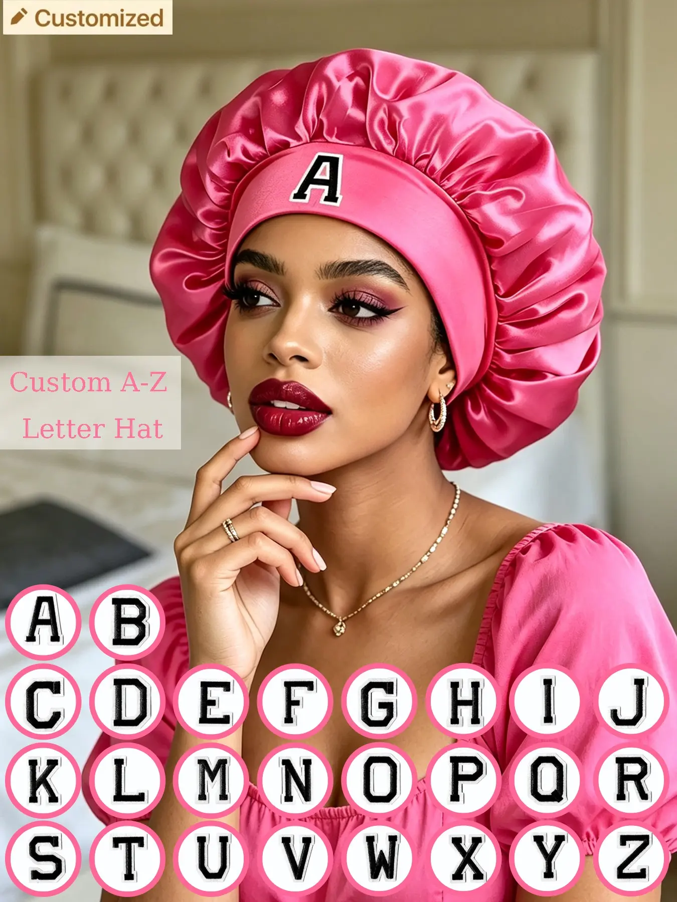 1PC Rose Red Satin Sleep Bonnet With Customizable A-Z Letters, Smooth Night Hair Cap, Soft Daily Home Hair Turban For Skin Care, Haircare, Versatile Item For Personal Use, Great Gift For Anniversary, Christmas And New Year Holiday