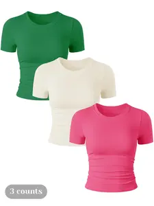 Women's Solid Ruched Round Neck Basic Lounge Tee, Casual Seamless Short Sleeve Crew Neck T-Shirt Top for Daily Wear, Ladies Sleepwear for All Seasons