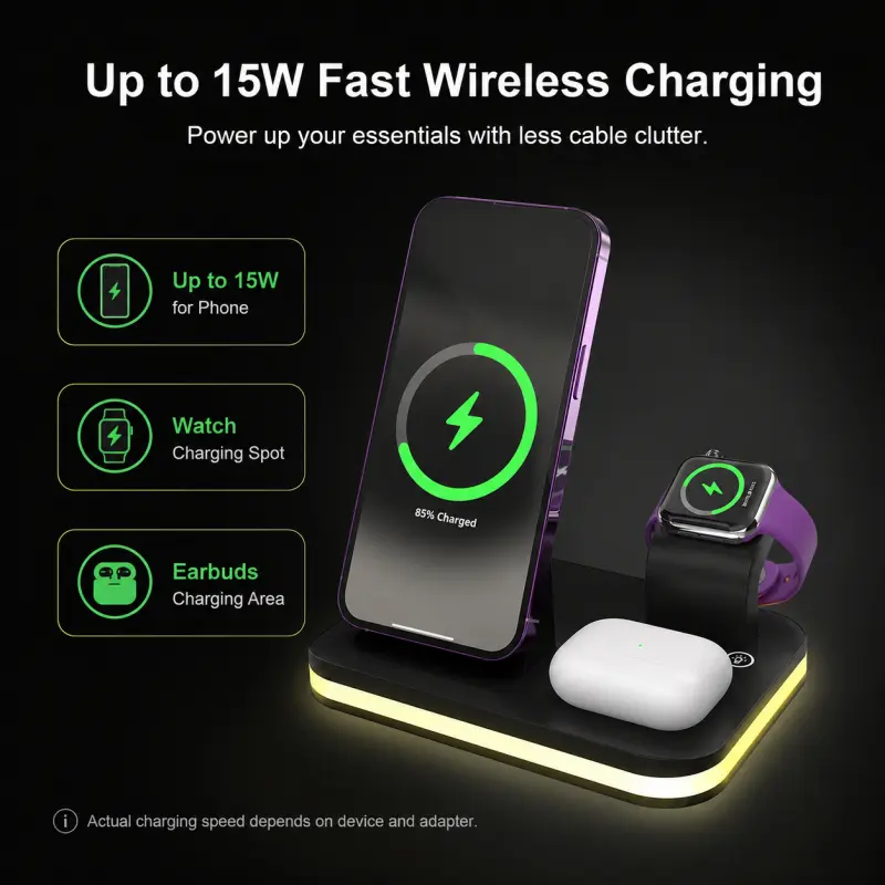 3-in-1 Magnetic Wireless Charging Station - 10W Phone Charger Stand, Watch & AirPods Charging Dock, 3-Level Warm Nightlight, Included Type-C Adapter, Compatible with iPhone 12/13/14 Series