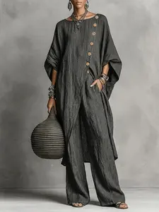 Women's Fashion Round Neck Side Split Design Top, Long Sleeve Breathable Elegant Casual Two-Piece Set, Stylish Chic and Comfortable Clothing for Daily Wear