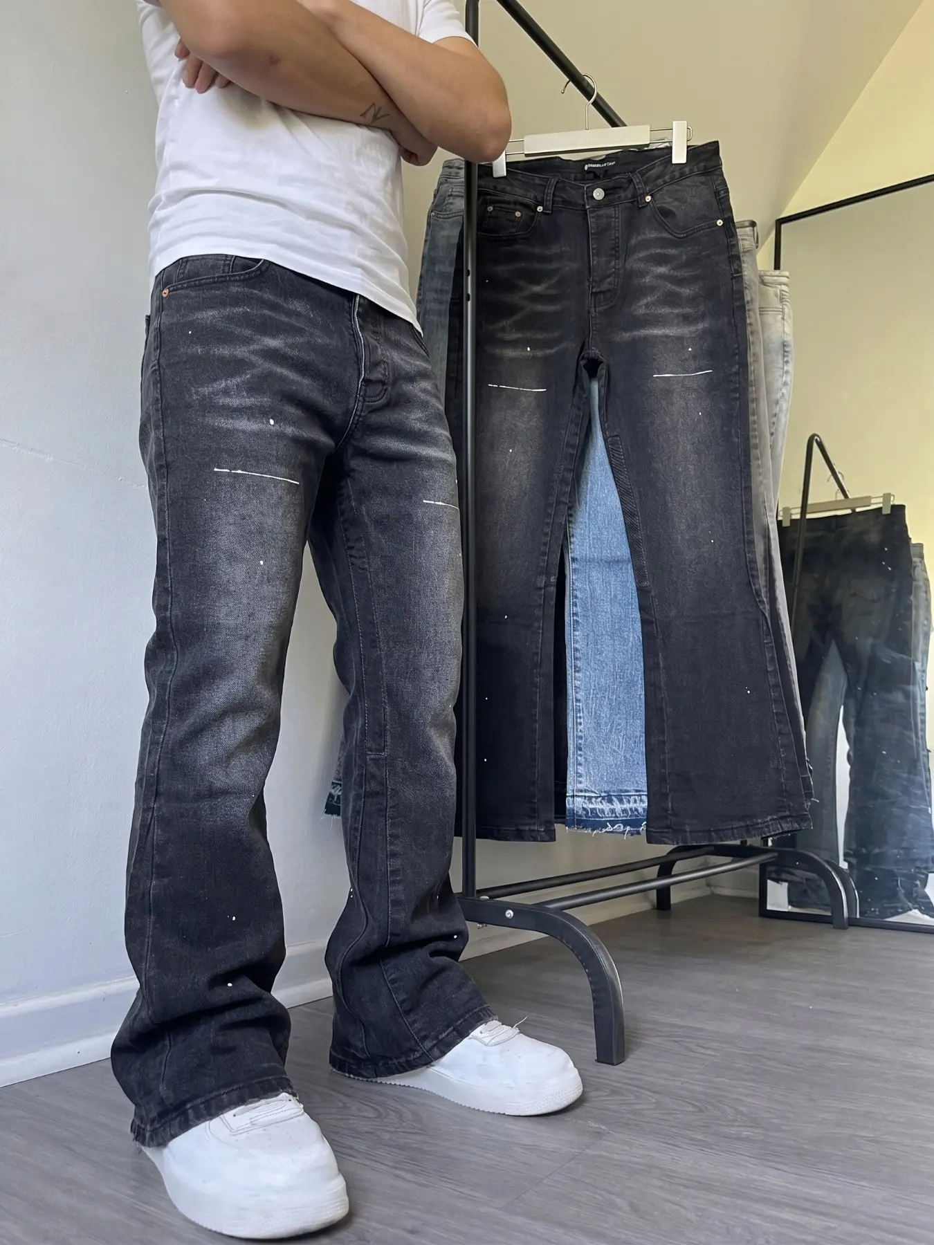Men's Vintage Flare Jeans, Splash Ink Dots Washed Denim Jeans, Streetwear Slim Bootcut Trousers, Fashionable Men's Clothing