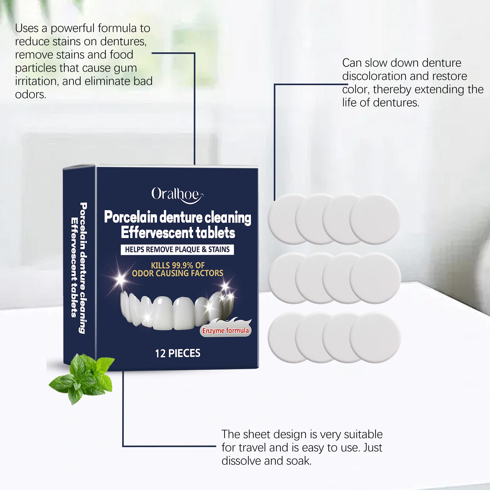 Oralhoe Denture Cleaning Effervescent Tablets with Lemon & Mint Extracts for Fresh Breath Stain Removal & Bacteria Killing 12 Pieces tooth repair kit whiten session interdental filling fake teeths instant confidence perfect smile gems enhances aesthetic