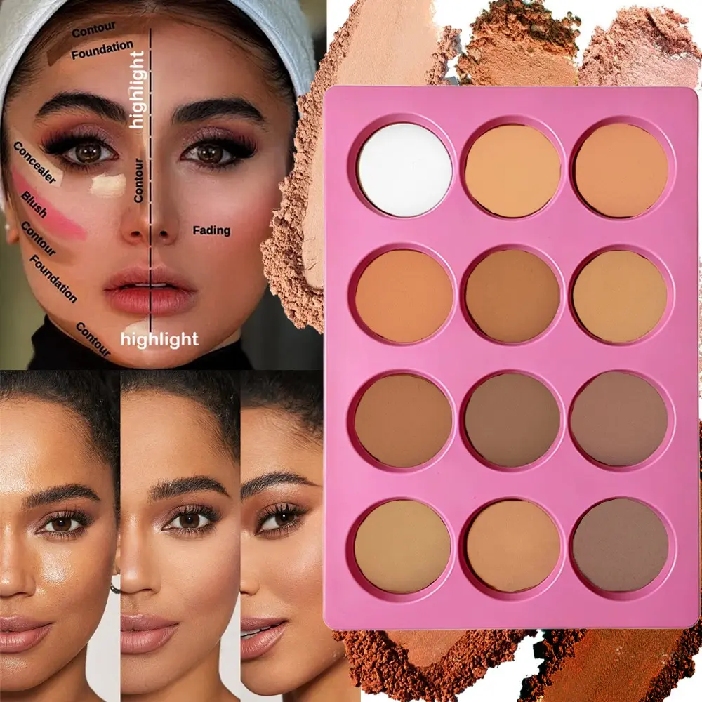 12-Color Contour & Setting Palette 🎨 Matte Bronzer + Highlighter in One! Shadow, Side-Contour & Nose Contour All Included – Water-Resistant & Long-Lasting, Creates a 3D Sculpted Look – Your Selfie-Ready Secret!