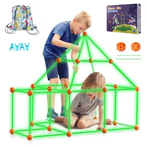 VEVOR Fort Building Kit for Kids, 85PCS Glow in The Dark STEM Building Toys, Educational Gift for 4 5 6 7 8+ Year Old Boys Girls, Indoor Outdoor Play Tent Construction Toys with 55 Rods and 30 Balls