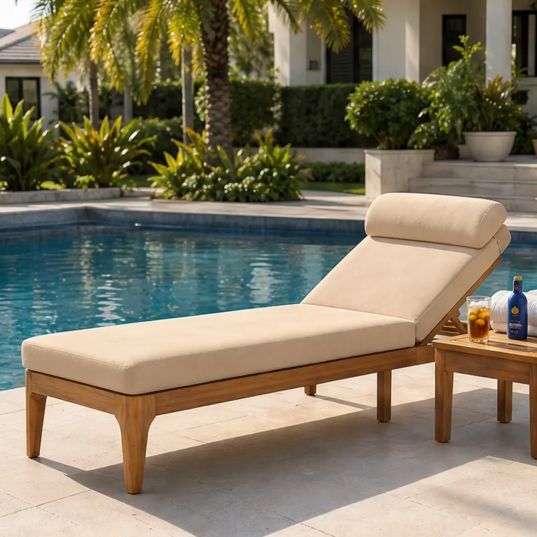 ARCH Minimalist Wood Outdoor Reclining Sunlounger - 76.8in L x 26.8in W x 11.0in H, Natural Grain Garden Modern Patio Chair, Robust Construction, Adjustable Backrest, Head Pillow, Detachable Water-Resistant Cushion (Beige/Brown Options, Smooth Edges)