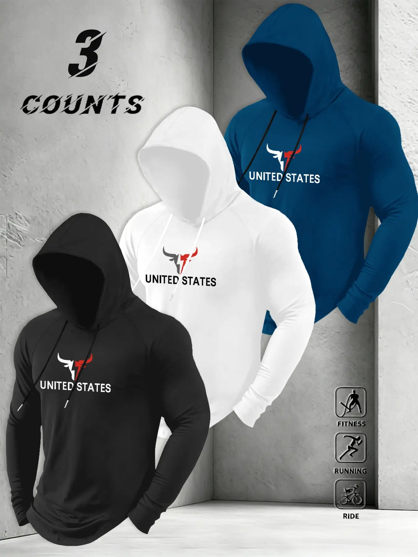 3-Pack Men's Raglan Hoodie Set, American Sports Style, Bull Print, Stretchy Fabric, Ideal for Running, Cycling, Daily Training