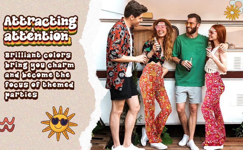 3 Pcs 60s 70s Outfit for Women Hippie Costume Set Disco Flared Pants Groovy Outfit Party Accessories Clothes Womenswear Dress Floral Headband Matching