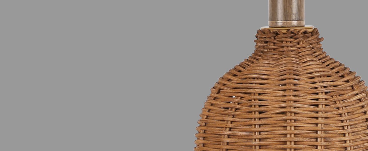 Set of 2 Rattan Table Lamps with 2 USB Ports, 29'' Tall Farmhouse Lamp for Living Room, Bedroom, Office, Vintage Brown Desk Nightstand Lamps with Oatmeal Fabric Linen Shade, Large Size