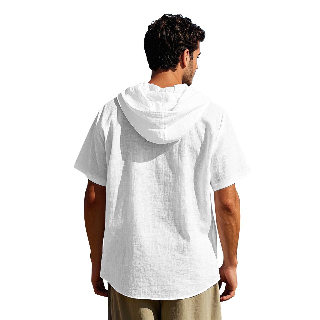 American-style Summer Lightweight Breathable Linen Amekaji Loose-fitting Hooded Men's Short-sleeve Shirt 95% Linen 5% Polyester Casual Menswear