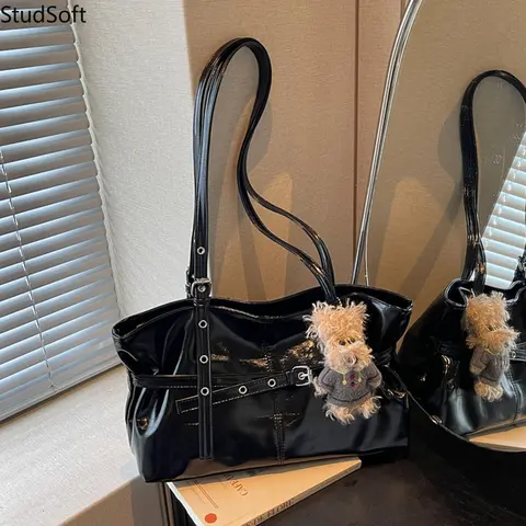 Black Shoulder Bag Patent Leather Underarm Purse Y2K Goth Belted Barrel Tote Bag with Cute Plush Dog Charm Women Clubwear,sohochic