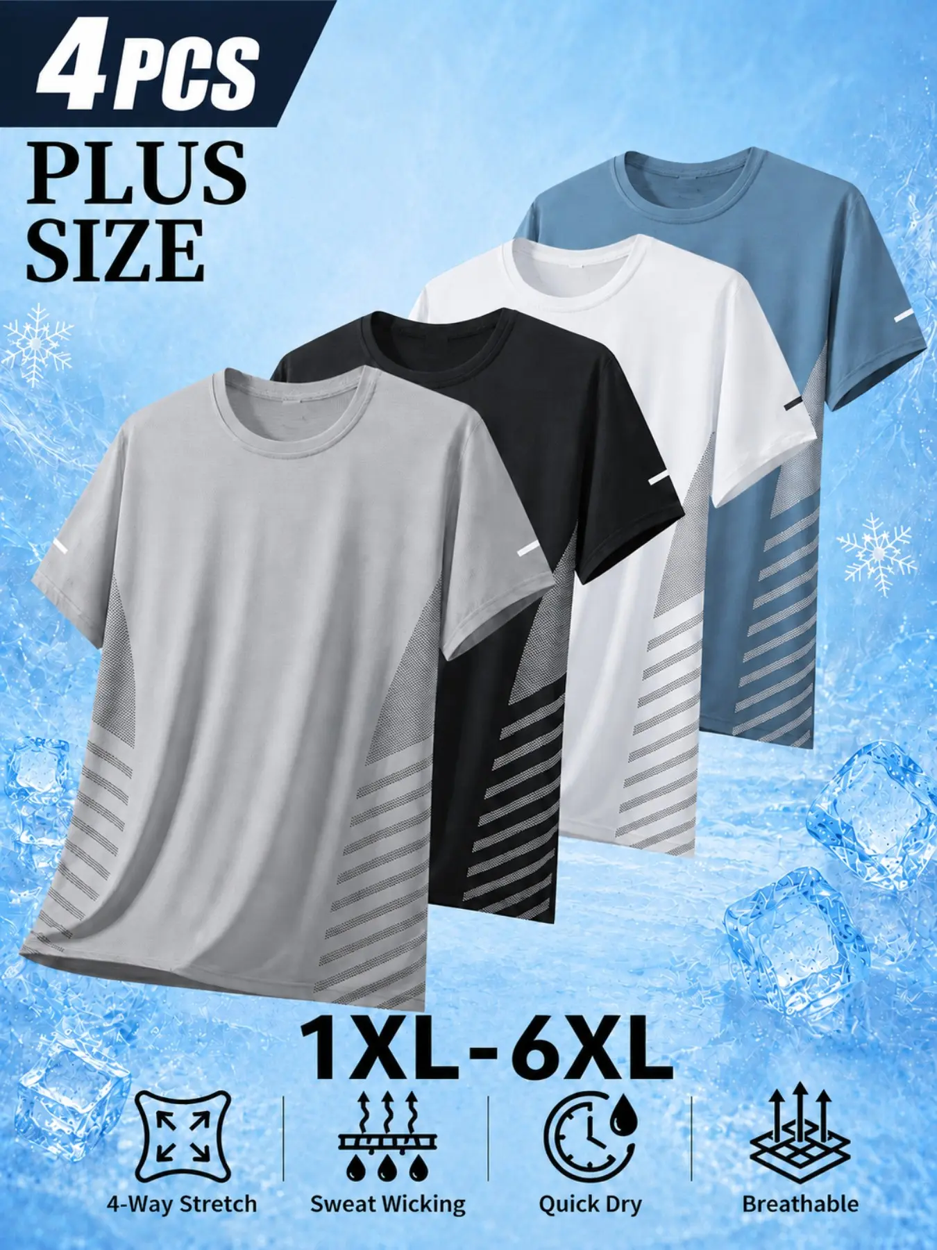4-Pack Men's Plus Size Short-Sleeve T-Shirts, Breathable Sporty Tees, 1XL-6XL, Summer Workout Clothes, Lightweight Sportswear Tops, Ideal Gift for Men