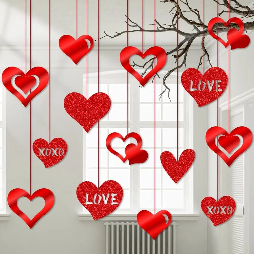 16 Pack Valentines  Decorations-Valentine Heart Decor, Glitter Valentine Love  Ornaments with Red Ribbons for Valentines Party Indoor  Office Classroom Decoration Favors