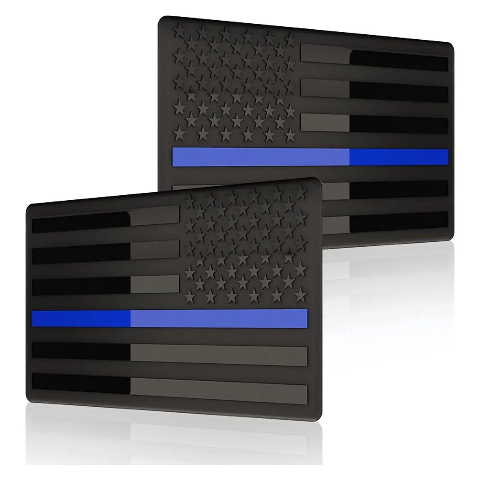 Embossed 3D Metal Thin Blue Line All Black American Flag Emblem Decal Stickers (1 Pair), Matte Black 5" x 3" Patriotic USA US Flag Decals for Car, Truck, Motorcycle Honoring Police Law EnforcementGift