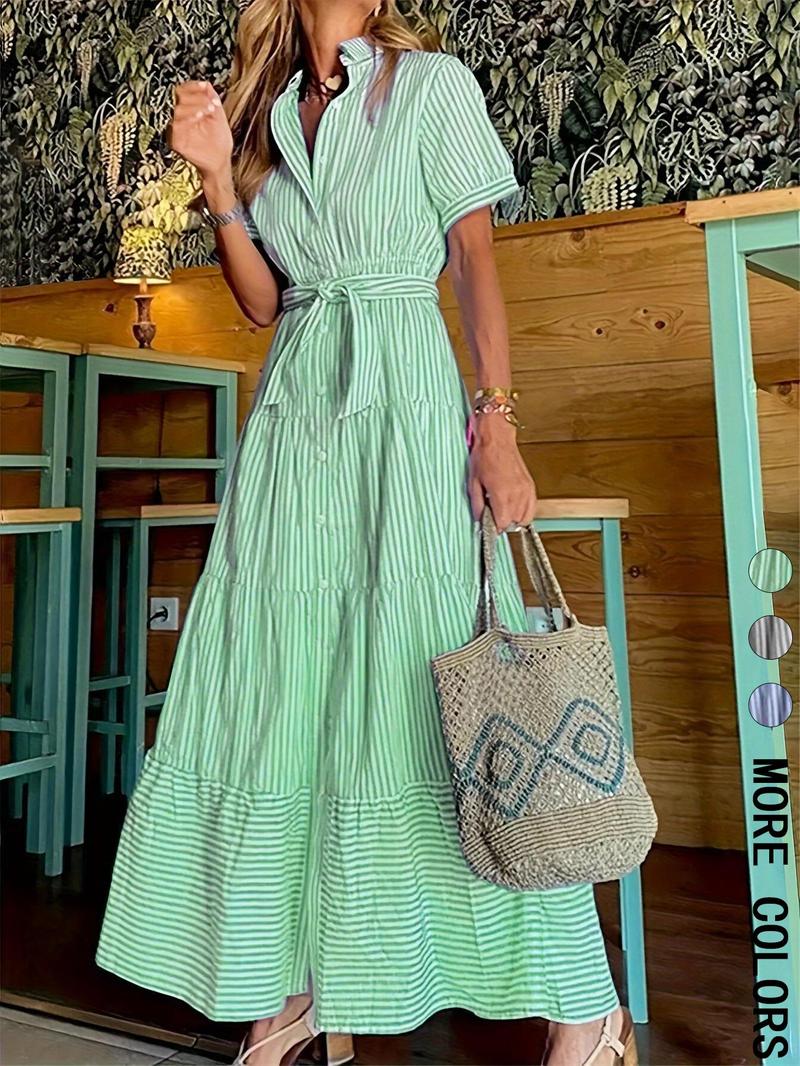 Women's Striped Print Belted Modest Style Dress, Elegant Casual  Long Dress for Summer, Women's Clothing for Daily Wear