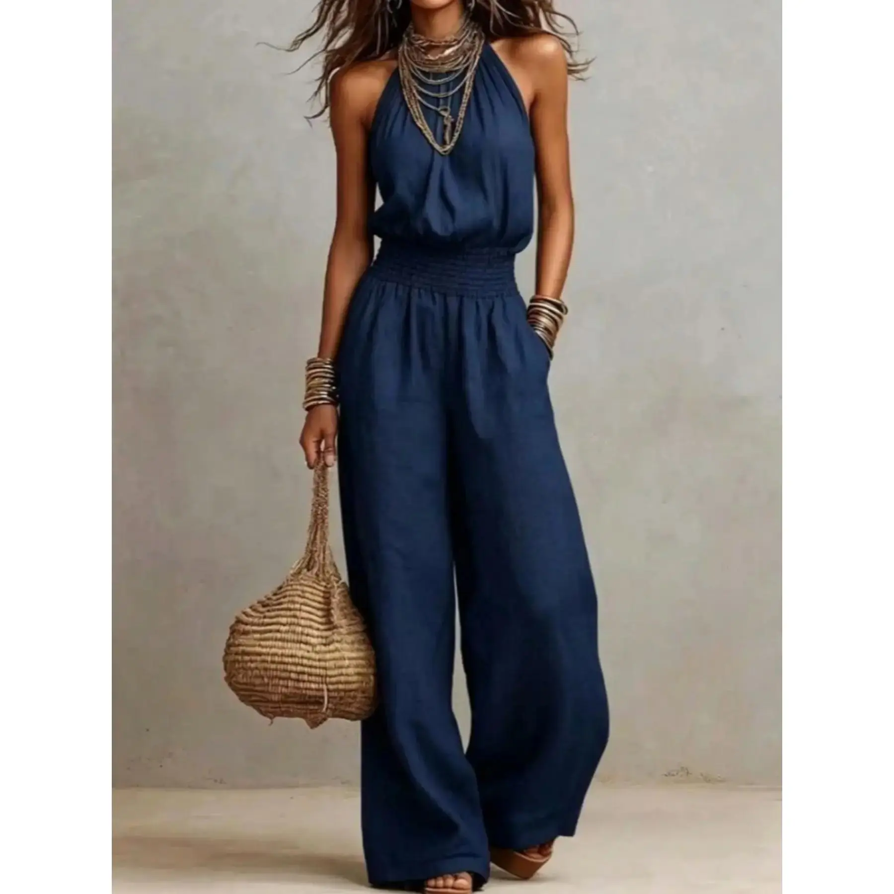 Smocked High Waist Linen Blend Halter Neck Wide Leg Jumpsuit, Sleeveless Pocket Design Casual Outfit for Beach Vacation Summer Holiday Bohemian Daily Wear, Trendy Oversized Loose Fit Resort Romper Outfit Viral Women Apparel