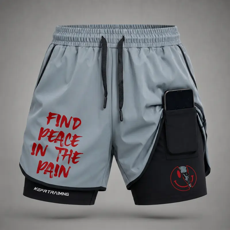 Men’s Find Peace in the Pain Graphic Print 2-in-1 Athletic Shorts, Built-in Compression Liner, Secure Inner Phone Pocket, Elastic Drawstring Waist, Quick-Dry Gym Running Training Shorts for Summer Daily Wear