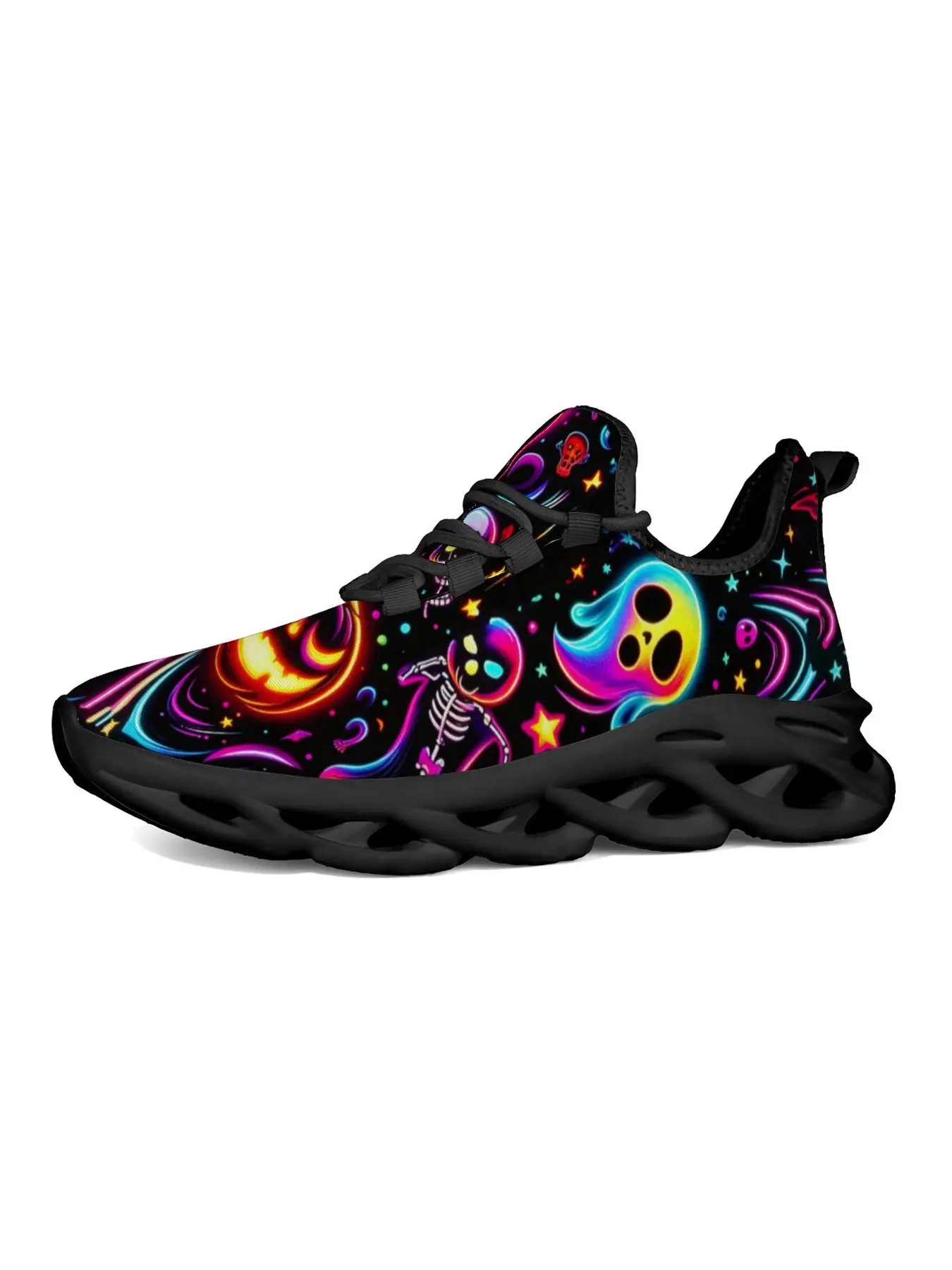 Glow Psychedelic Halloween Pattern Running Shoes, Neon Ghost Skeleton Pumpkin Print Sneakers, Breathable Mesh Lightweight Non-Slip Casual Athletic Shoes for Men Women Unisex Party