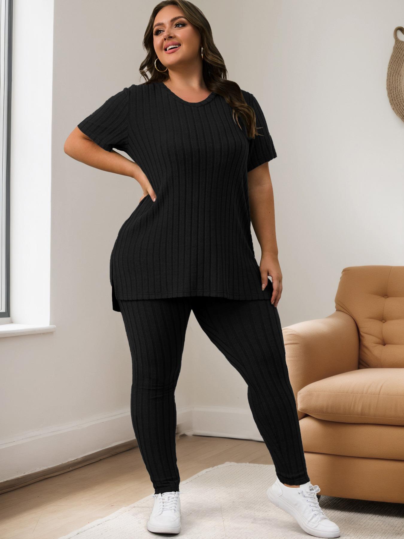 【Plus Size】 Solid Color Ribbed Tee & Elastic Waist Pants Set, Casual Fashion Cozy Two-piece Outfits for Daily Outdoor Wear, Women Clothing for Summer, Womenswear