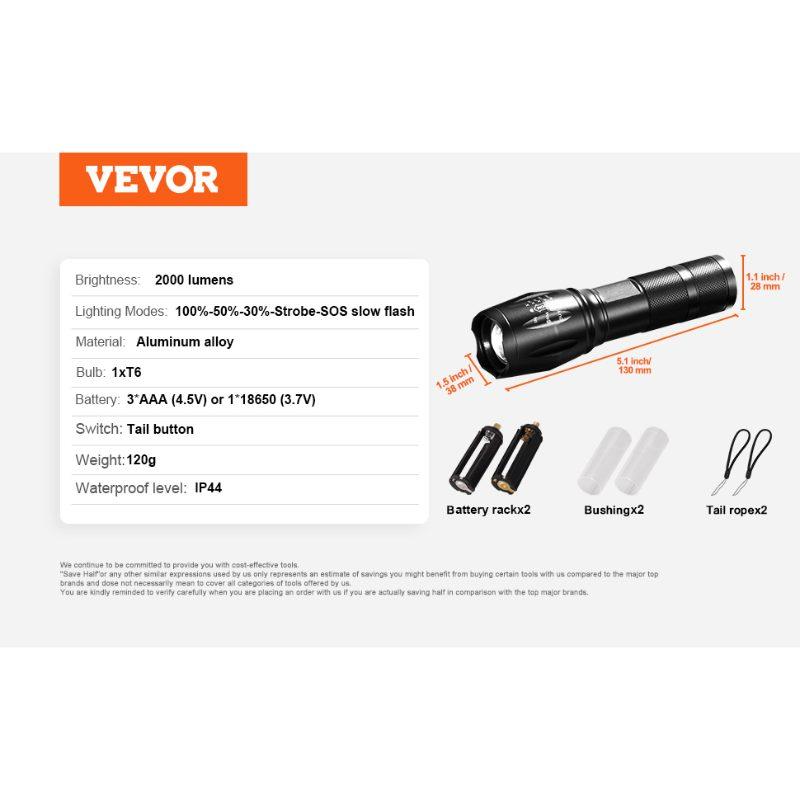 VEVOR 2 Pack Flashlights Torch, 2000 High Lumens 5 Modes Adjustable Focus Flashlight, IP44 LED Waterproof Handheld Flashlight for Camping Cycling Hiking Fishing Emergency VEVOR 2 Pack Flashlights Torch, 2000 High Lumens 5 Modes Adjustable Focus Flashlight, IP44 LED Waterproof Handheld Flashlight for Camping Cycling Hiking Fishing Emergency