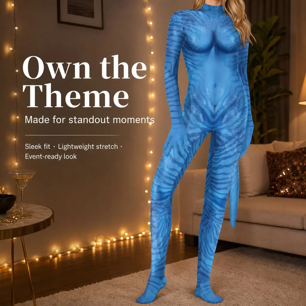 Women Avatar Printed Long Sleeve Catsuit with Tail, Halloween Cosplay Outfit, Matching Kids Sizes Available Blue Alien